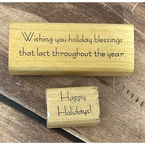 2003 PEDDLERS PACK WOOD RUBBER STAMP SET OF 2 HAPPY HOLIDAY HOLIDAY BLESSINGS